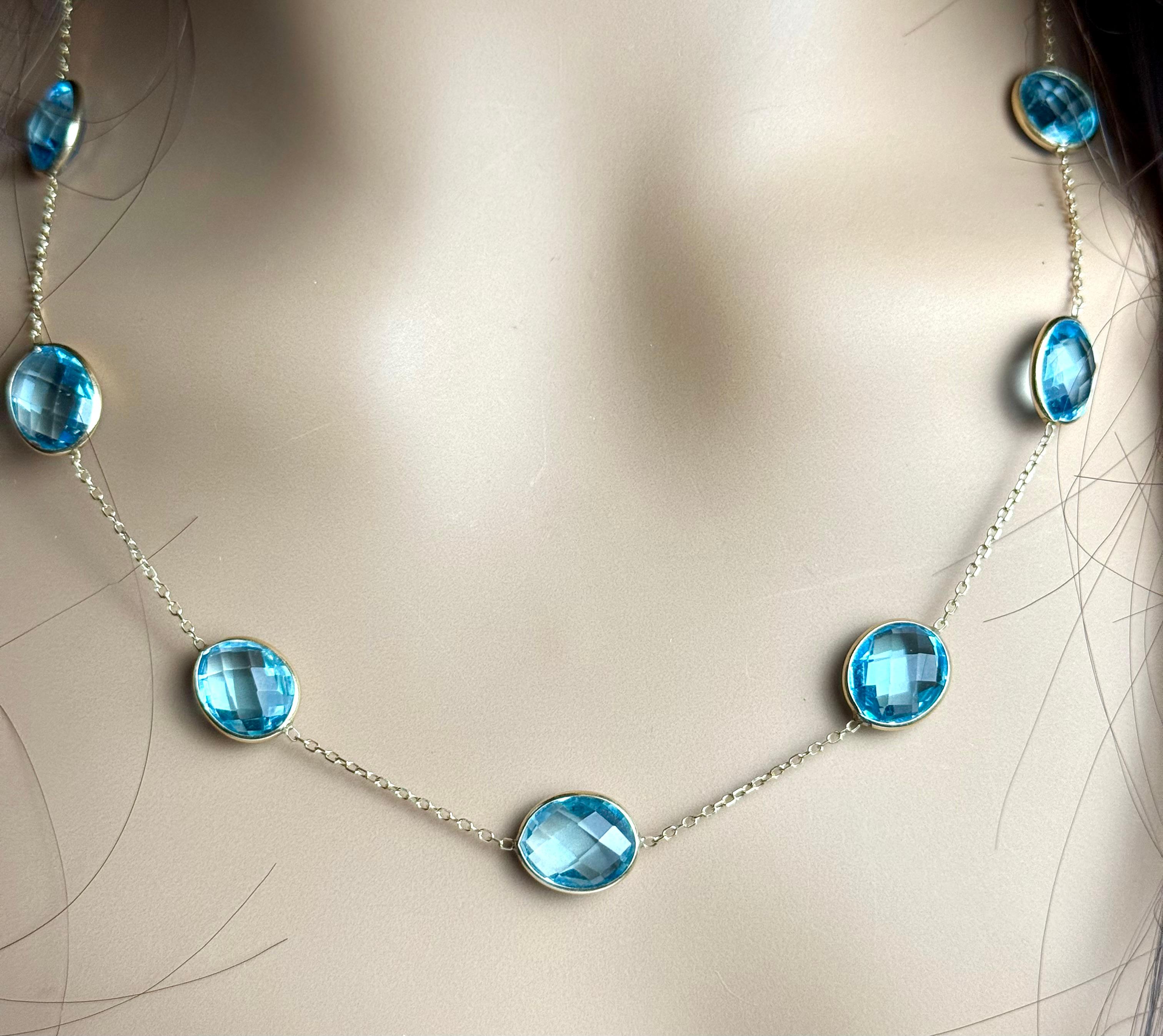 Modern 14K Yellow Gold Large Sized Blue Topaz Bezel Station Necklace 20 Inch For Sale