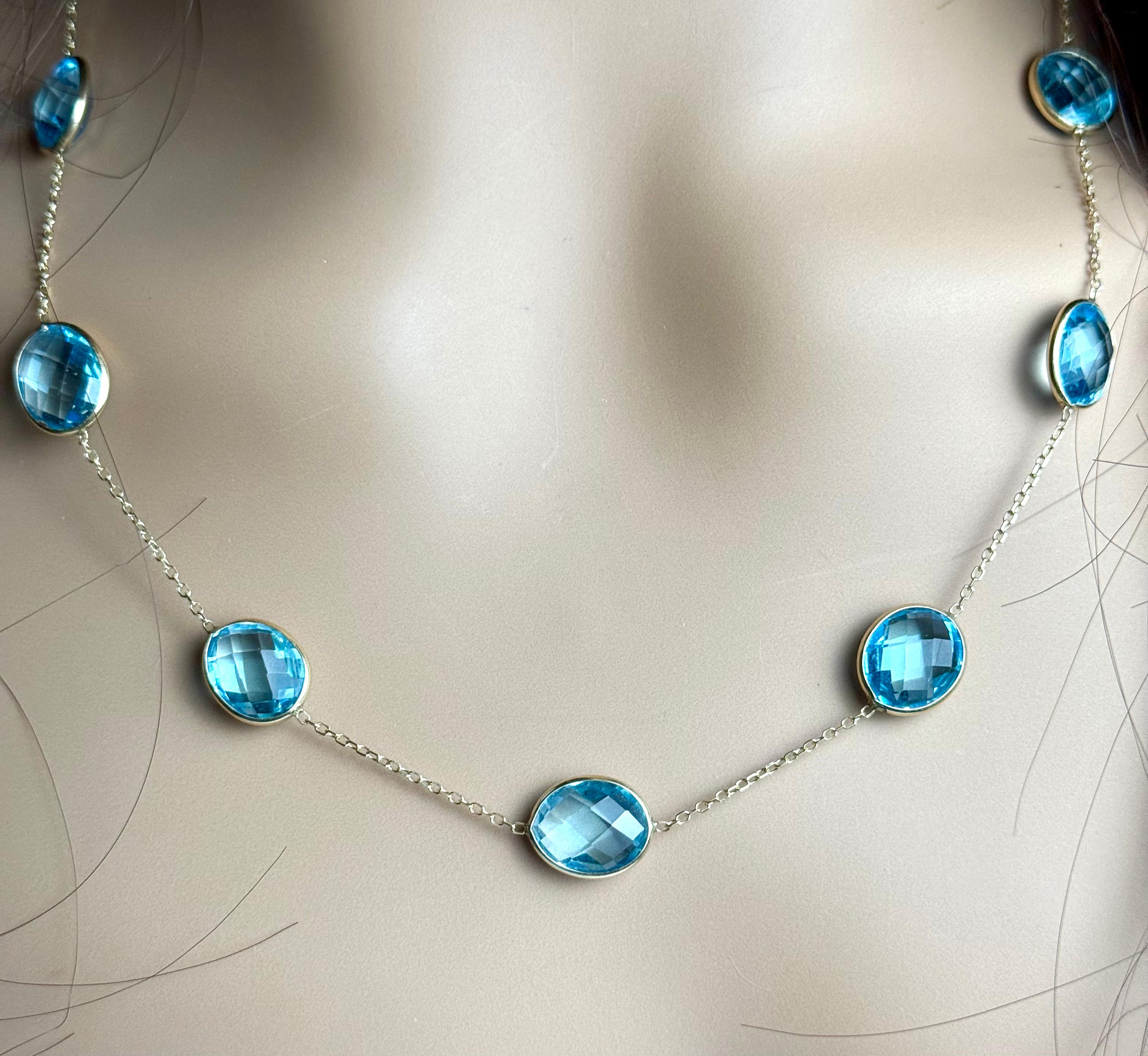 14K Yellow Gold Large Sized Blue Topaz Bezel Station Necklace 20 Inch For Sale 1