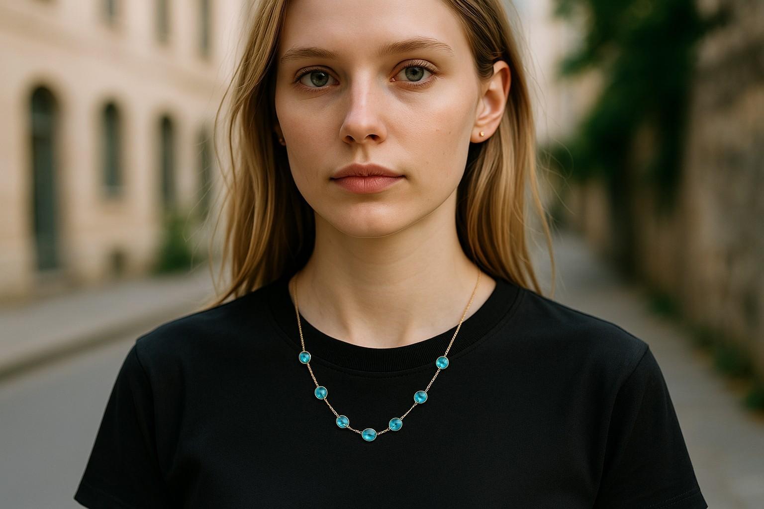 14K Yellow Gold Large Sized Blue Topaz Bezel Station Necklace 20 Inch For Sale 2