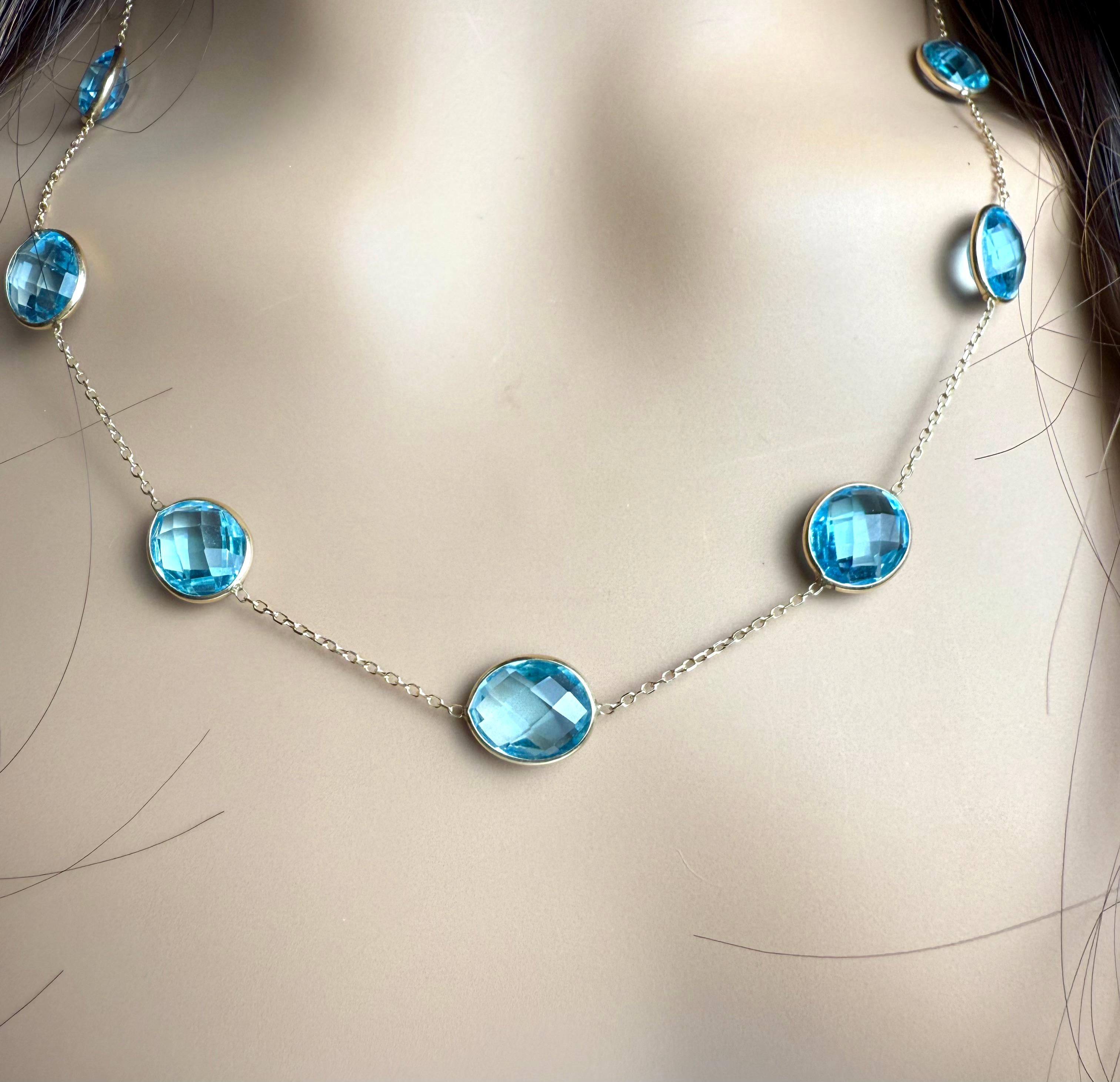 14K Yellow Gold Large Sized Blue Topaz Bezel Station Necklace 20 Inch For Sale 3