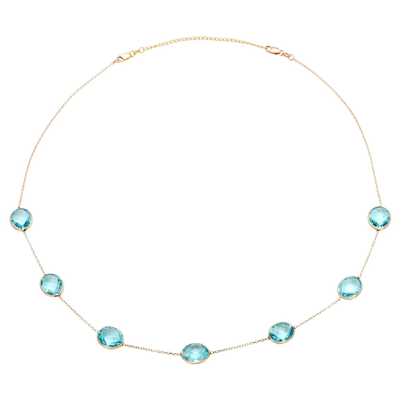 14K Yellow Gold Large Sized Blue Topaz Bezel Station Necklace 20 Inch For Sale