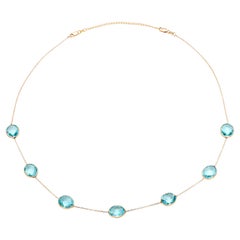 14K Yellow Gold Large Sized Blue Topaz Bezel Station Necklace 20 Inch