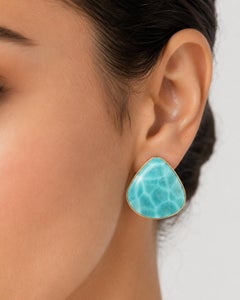14k Yellow Gold Large Triangular Cabochon Larimar Button Omega Backs Earrings