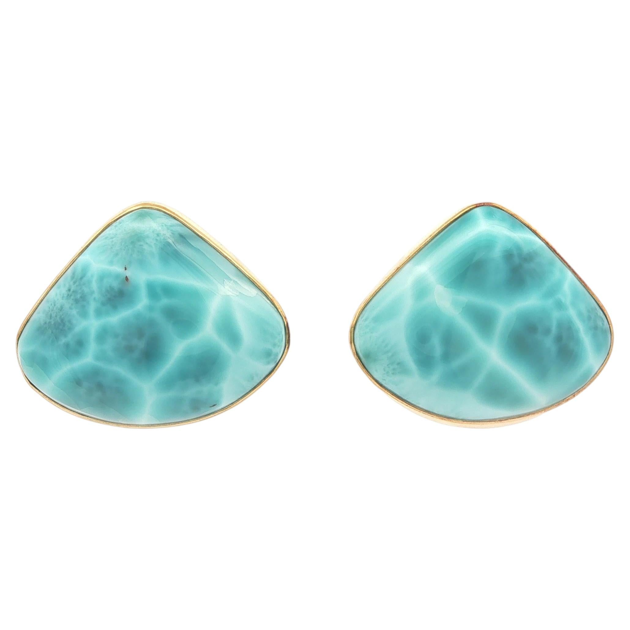 14k Yellow Gold Large Triangular Cabochon Larimar Button Omega Backs Earrings For Sale
