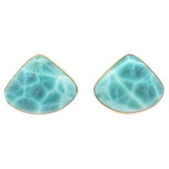 14k Yellow Gold Large Triangular Cabochon Larimar Button Omega Backs Earrings