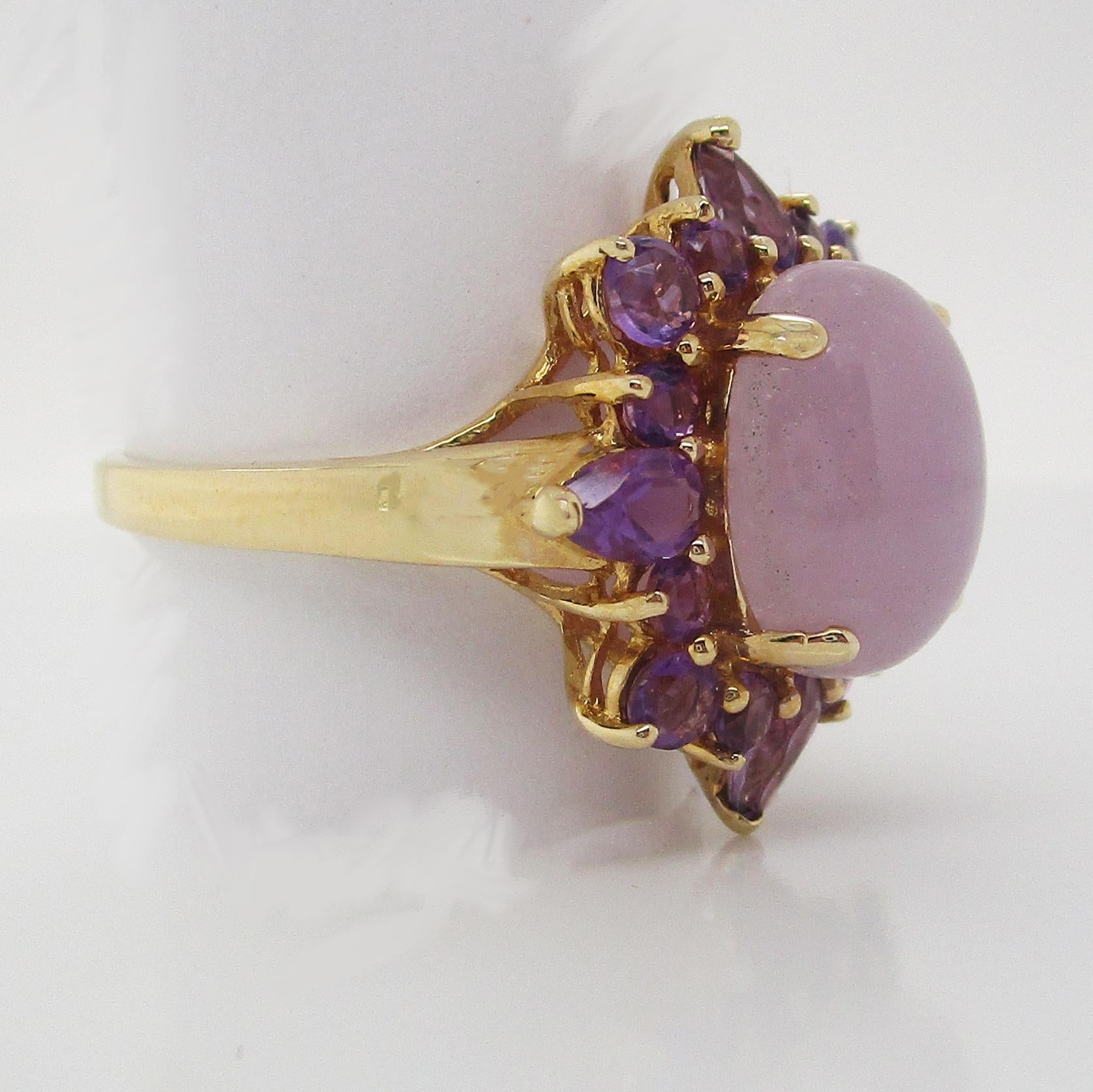 Cabochon 14 Karat Yellow Gold Lavender Jade and Amethyst Statement Cocktail Ring