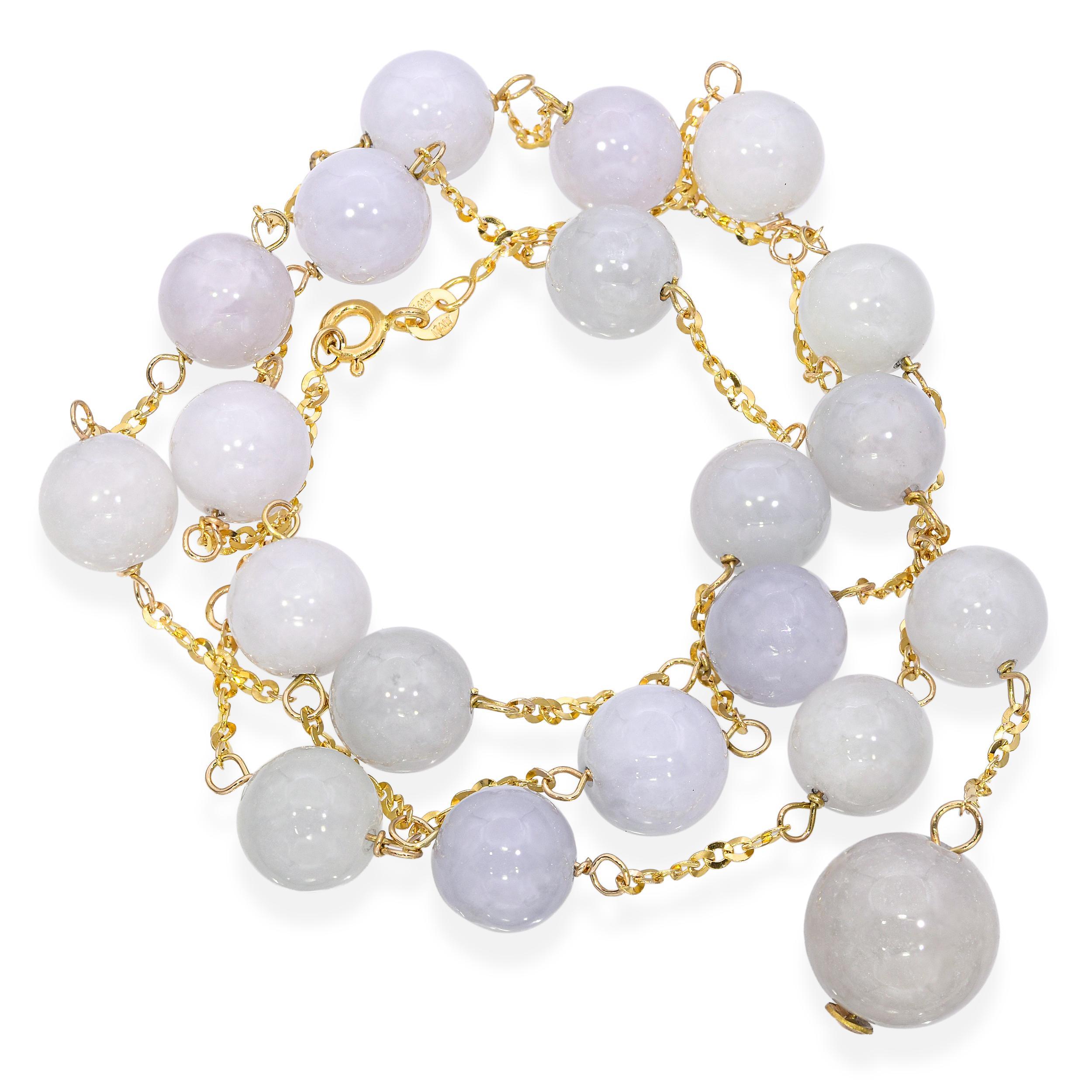 Donna Collana in oro giallo 14k con perline di giada lavanda a forma di stazione e ciondolo con design a Y in vendita