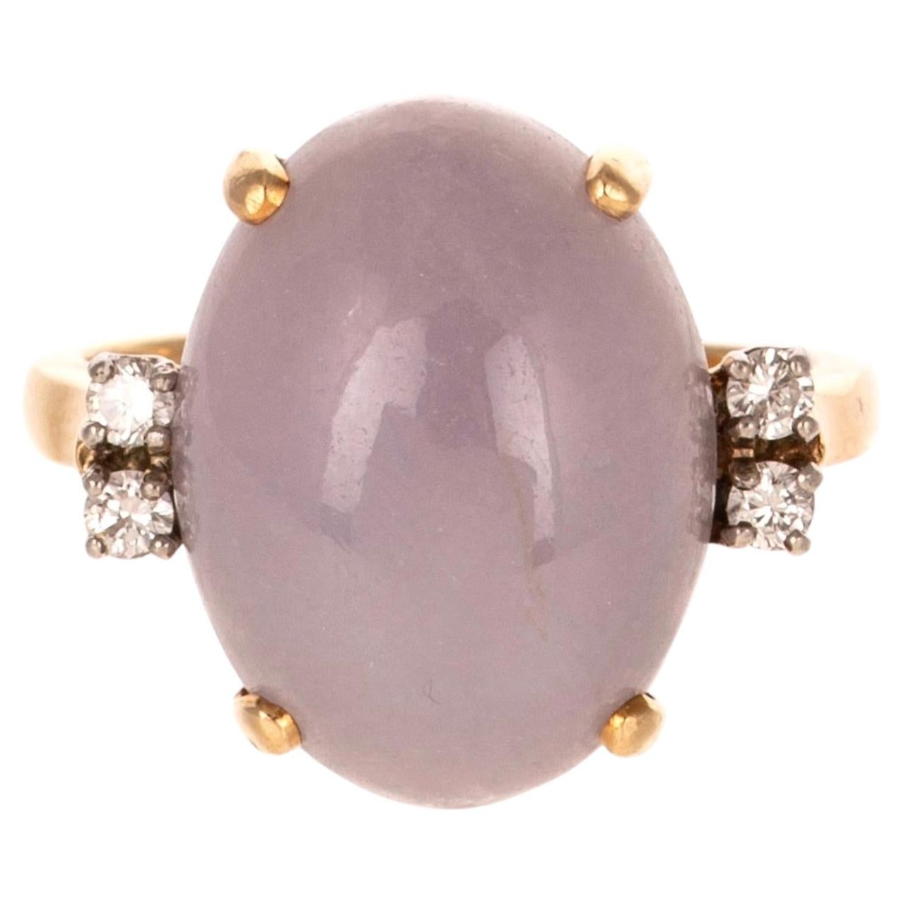14K Yellow Gold Lavender Jade & Diamond Cocktail Ring, Vintage