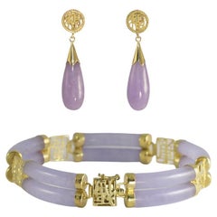 14K Yellow Gold Lavender Jade Earrings and Bracelet Set 24.7g