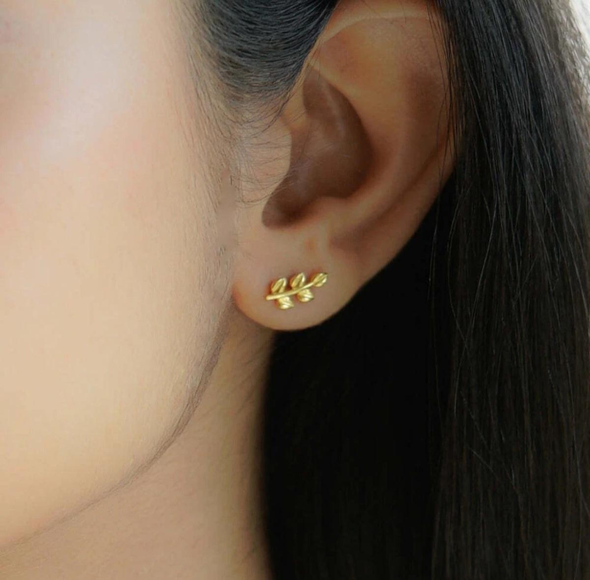 Art Deco 14K Yellow Gold Leaf Climber Ear Studs Solid Gold Minimalist Gold Ear Studs Gift For Sale