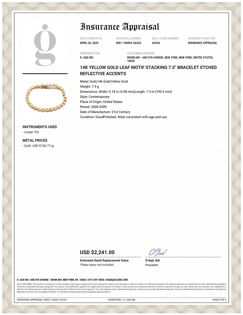 Enhance your jewelry collection with this exquisite 14 Karat Yellow Gold Bracelet, featuring a delicate leaf-like motif adorned with etched reflective accents. Measuring 7.5 inches in length and 0.18 inches in width, this piece is the perfect blend
