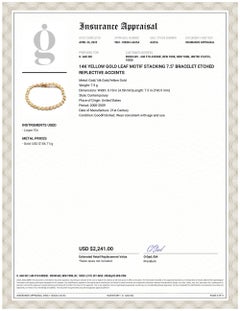 14K Yellow Gold Leaf Motif Stacking 7.5" Bracelet Etched Reflective Accents