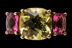 14k Yellow Gold Lemon Citrine and Pink Tourmaline Three Stone Ring