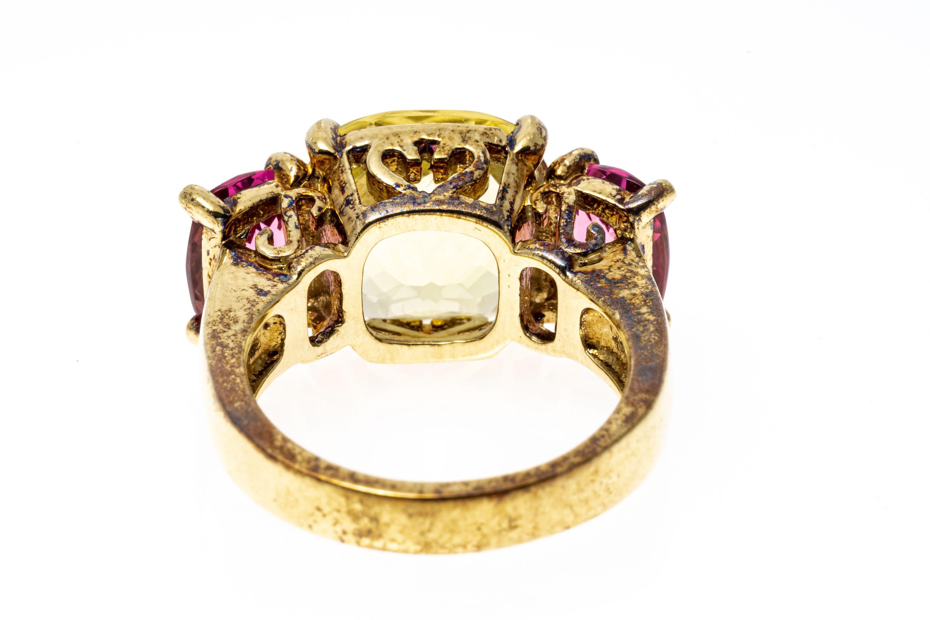 14k Yellow Gold Lemon Citrine and Pink Tourmaline Three Stone Ring In Good Condition For Sale In Southport, CT