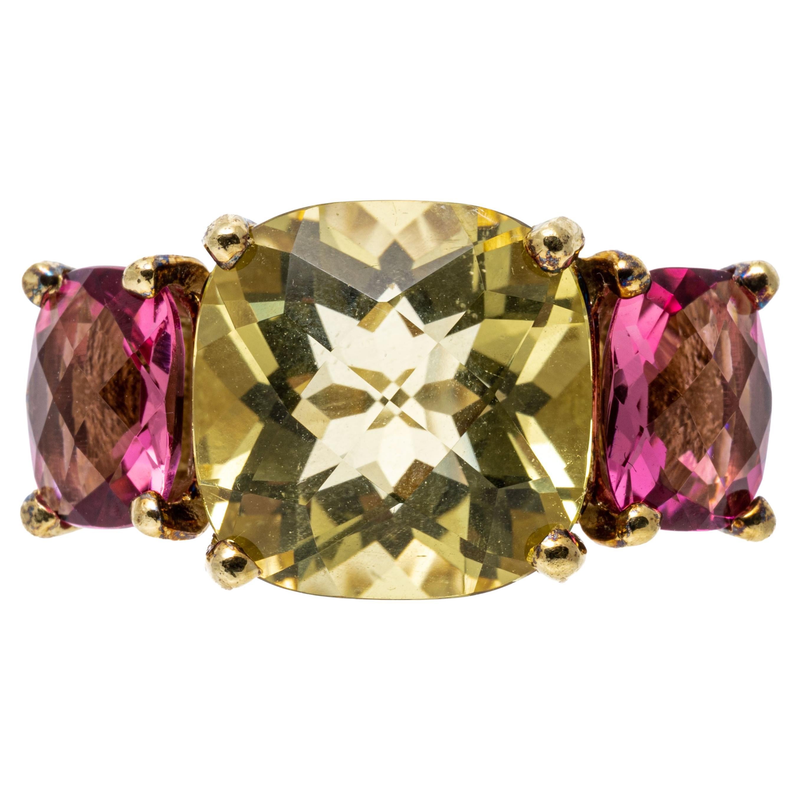 14k Gelbgold Ring mit drei Steinen, Zitronen Citrin und rosa Turmalin