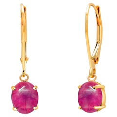 14K Yellow Gold Lever Back Earrings with Matched Cabochon Rubies 2.50 Carats