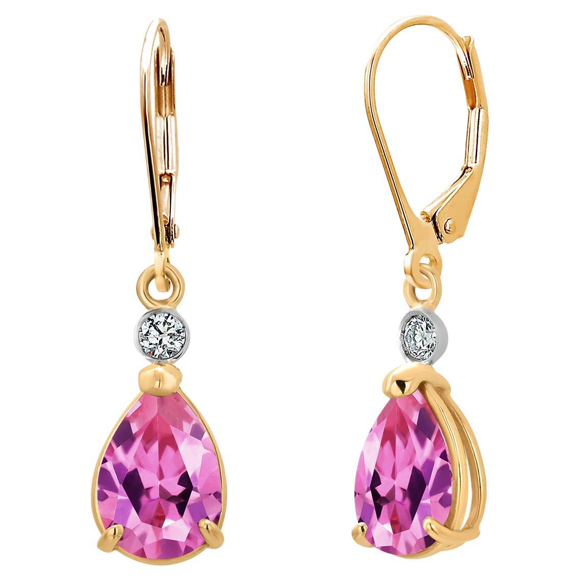 14K Yellow Gold Lever Back Hoop Earrings with Pink Topaz 
Diamond Accents en vente