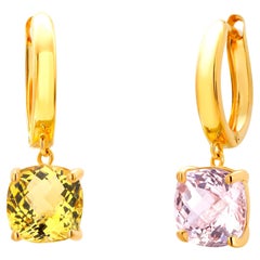 Orecchini a cerchio con chiusura a leva in oro giallo 14K con berillo giallo tagliato a cuscino e ametista