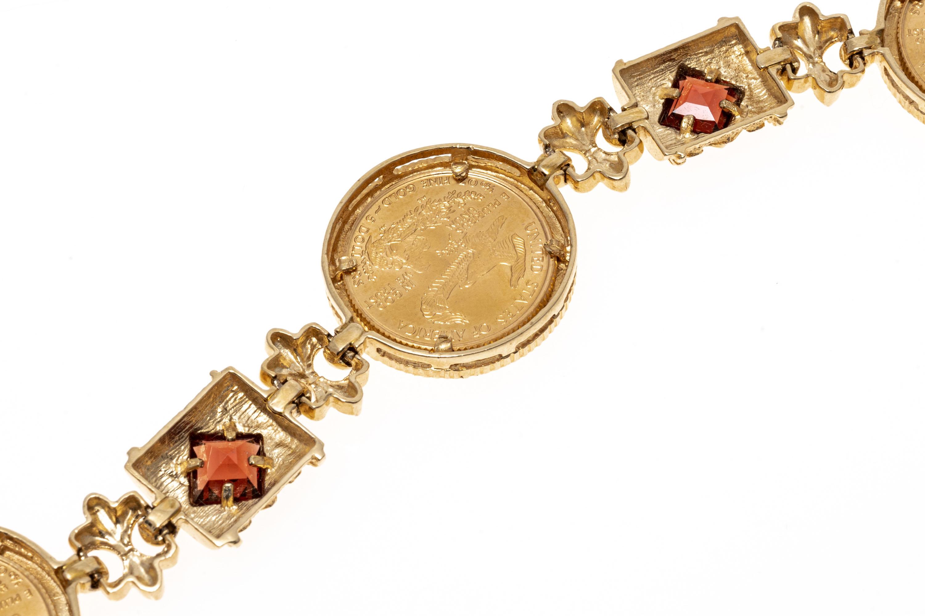 14 Karat Gelbgold Liberty $5 Münze und Granat Gliederarmband, App. 1,60 TCW 4