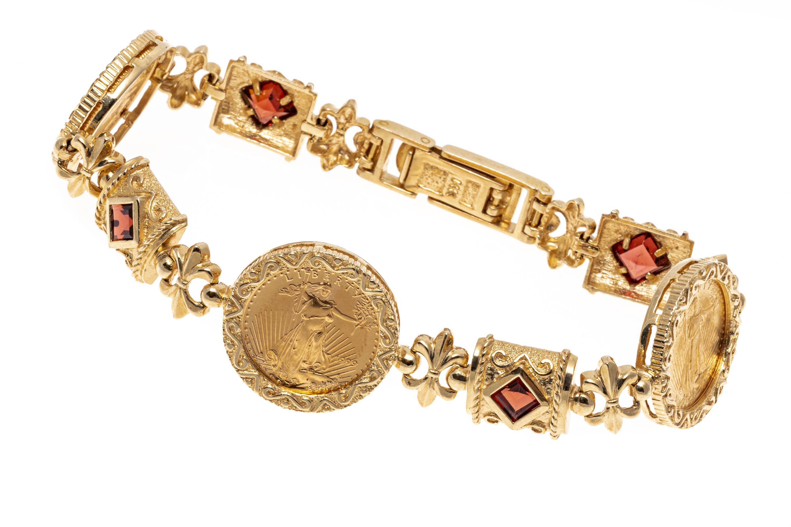14 Karat Gelbgold Liberty $5 Münze und Granat Gliederarmband, App. 1,60 TCW 5