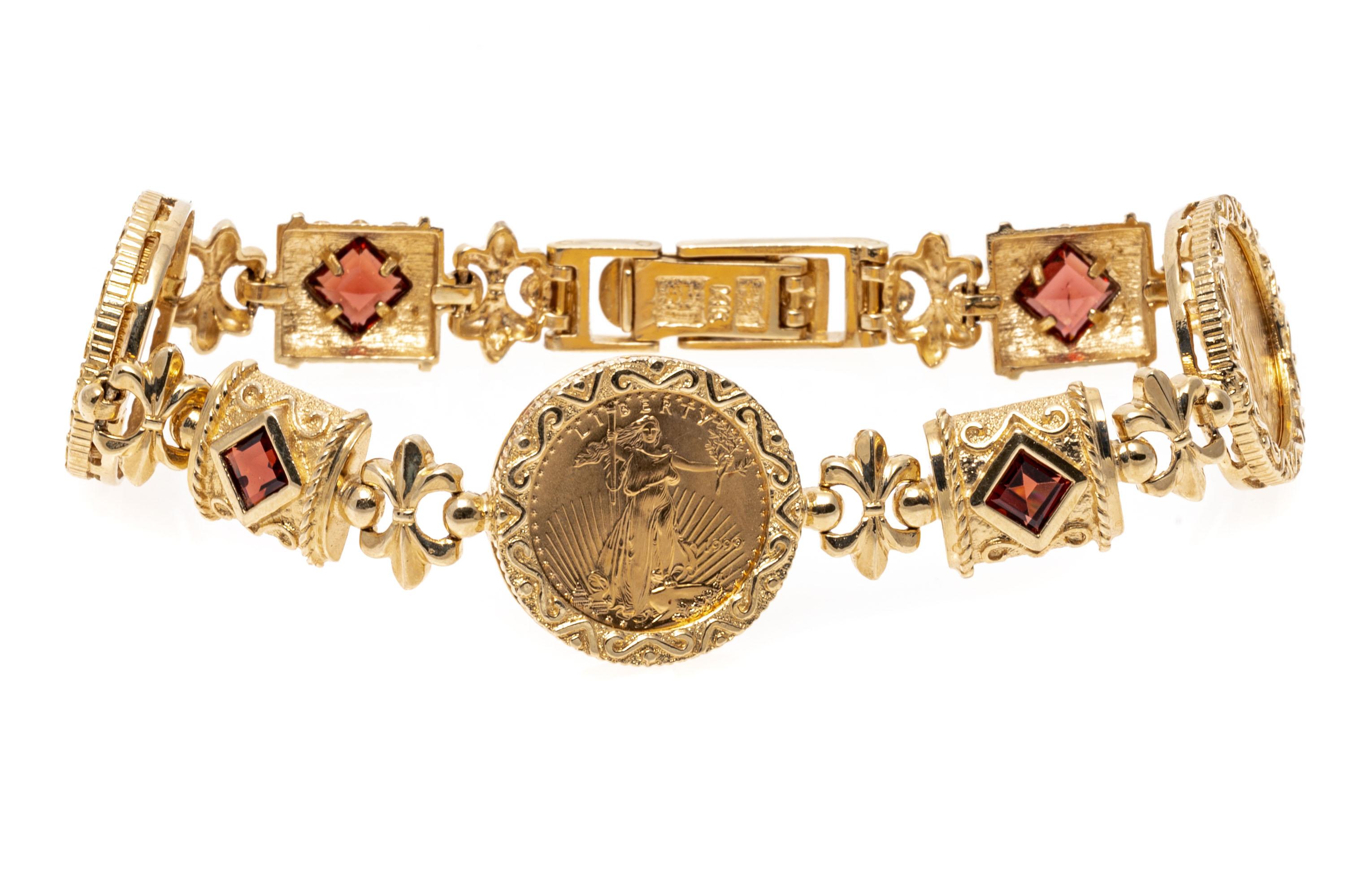 14 Karat Gelbgold Liberty $5 Münze und Granat Gliederarmband, App. 1,60 TCW (Zeitgenössisch)