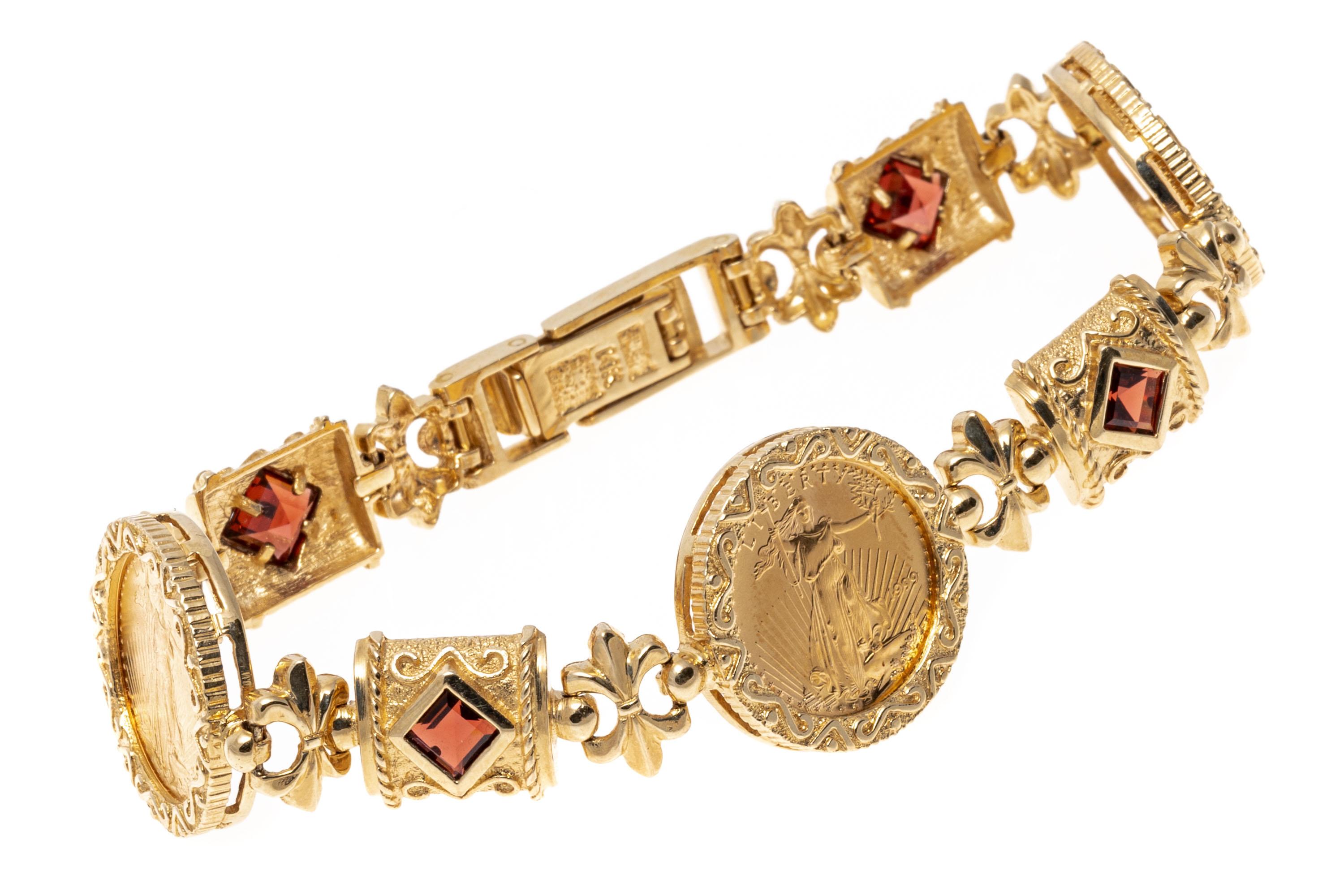 14 Karat Gelbgold Liberty $5 Münze und Granat Gliederarmband, App. 1,60 TCW (Carréeschliff)
