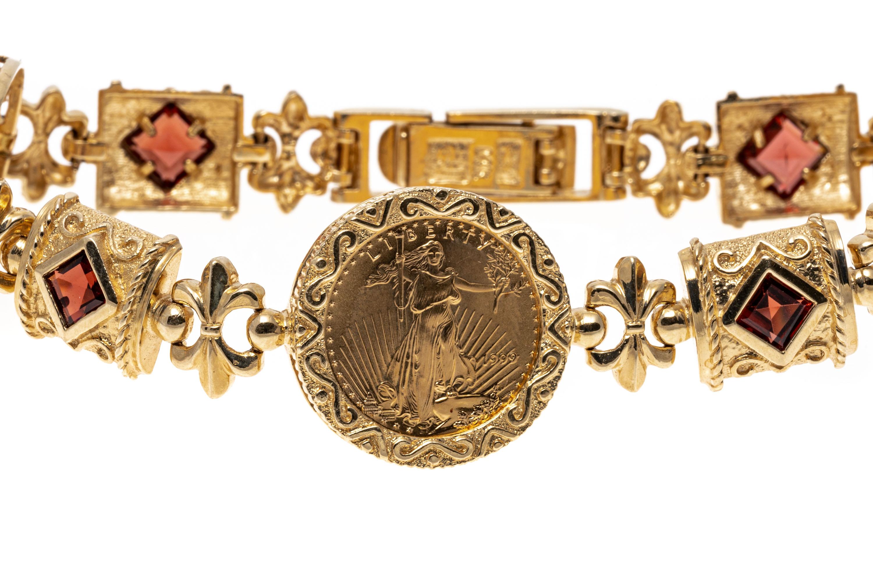 14 Karat Gelbgold Liberty $5 Münze und Granat Gliederarmband, App. 1,60 TCW im Zustand „Gut“ in Fairfield, CT