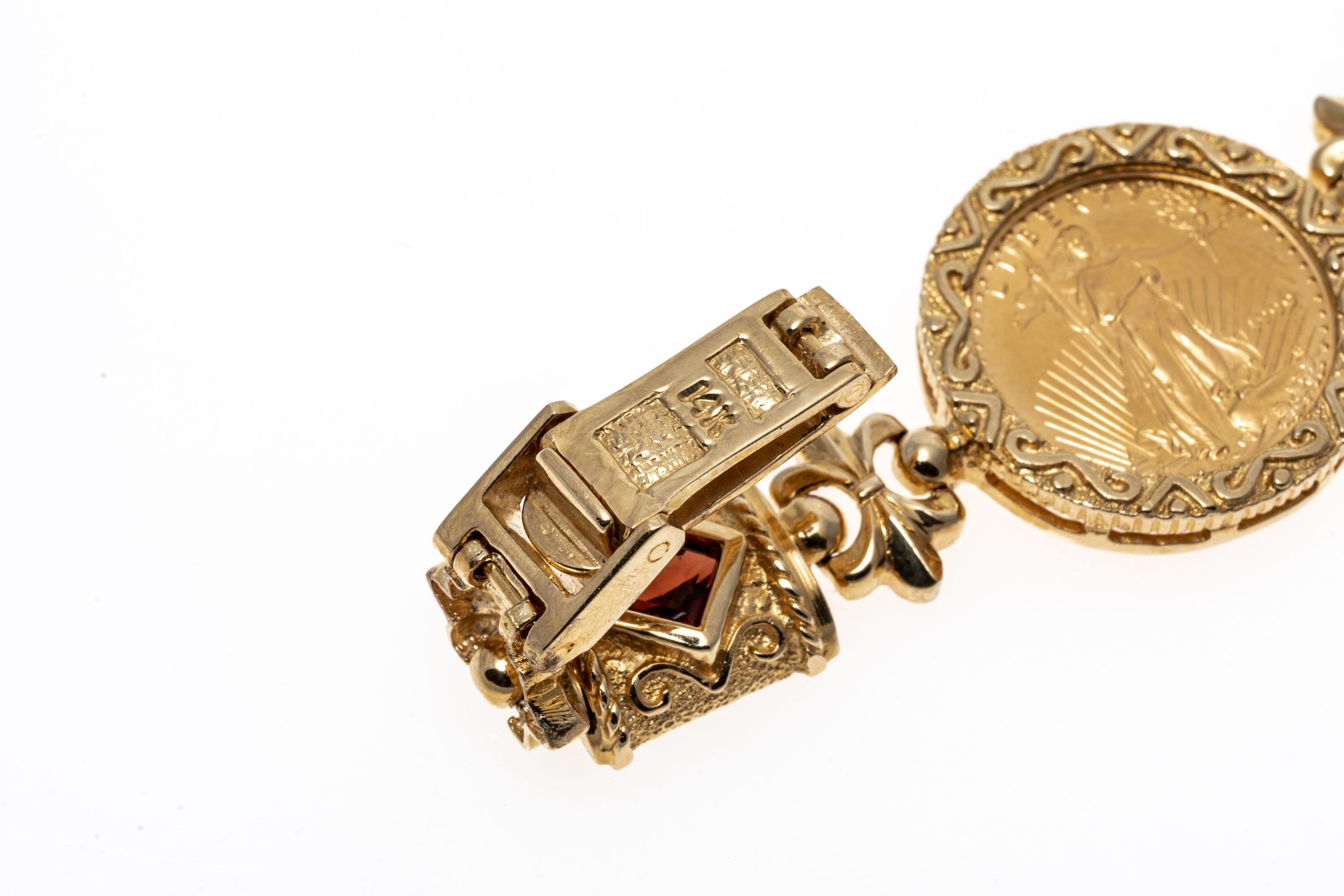 14 Karat Gelbgold Liberty $5 Münze und Granat Gliederarmband, App. 1,60 TCW 2