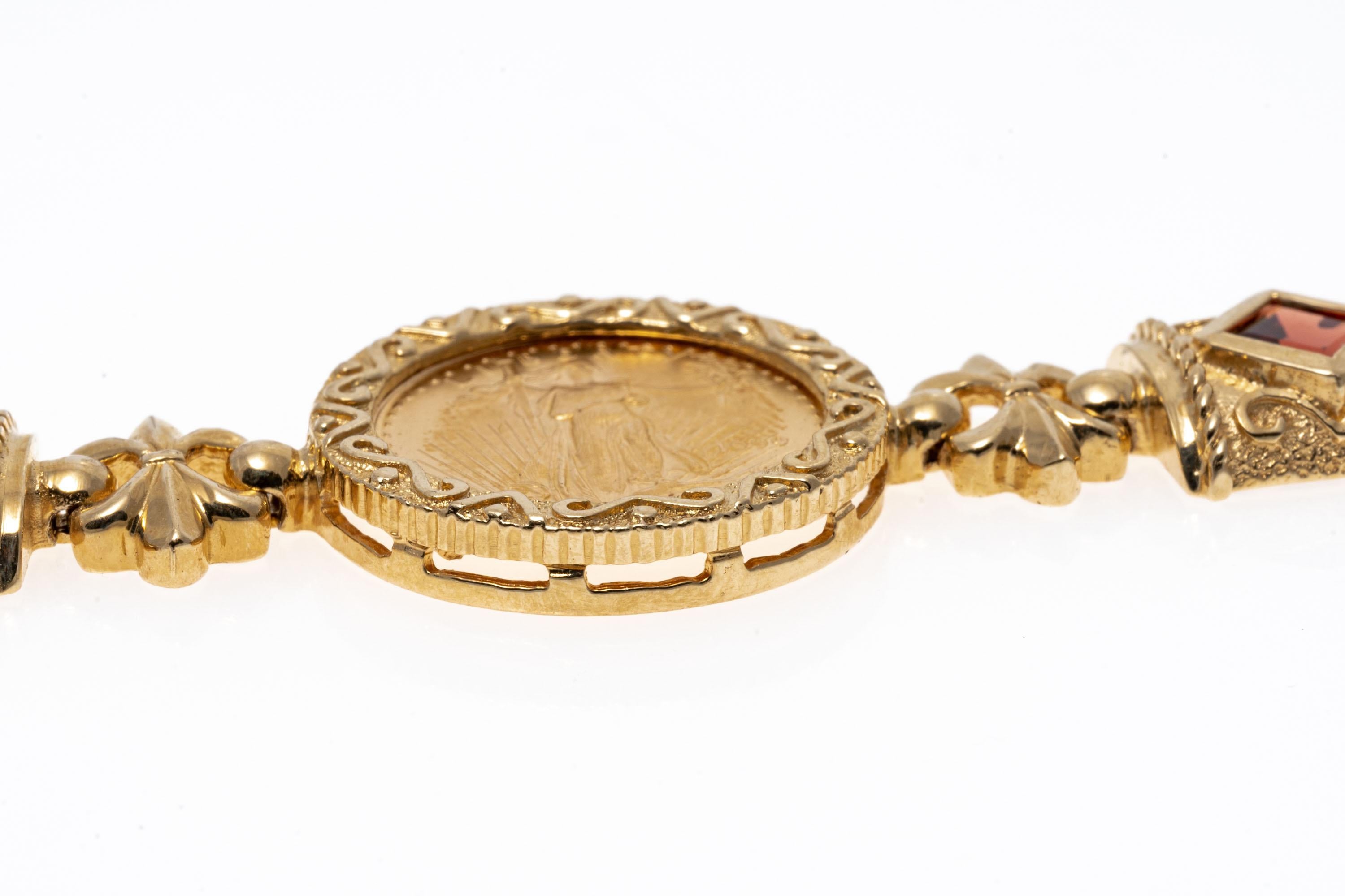 14 Karat Gelbgold Liberty $5 Münze und Granat Gliederarmband, App. 1,60 TCW 3