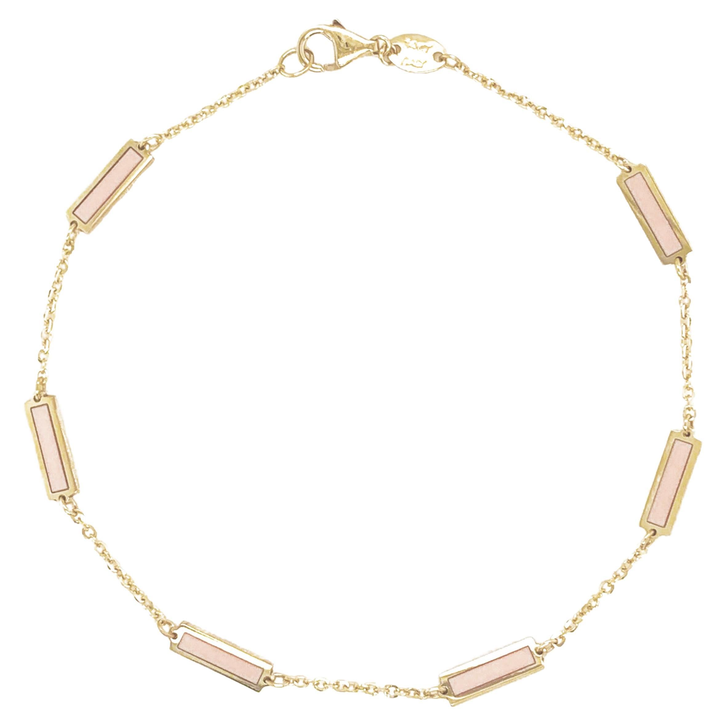 14k Yellow Gold & Light Pink Inlay Station Bar Bracelet, Made in Italy For Sale