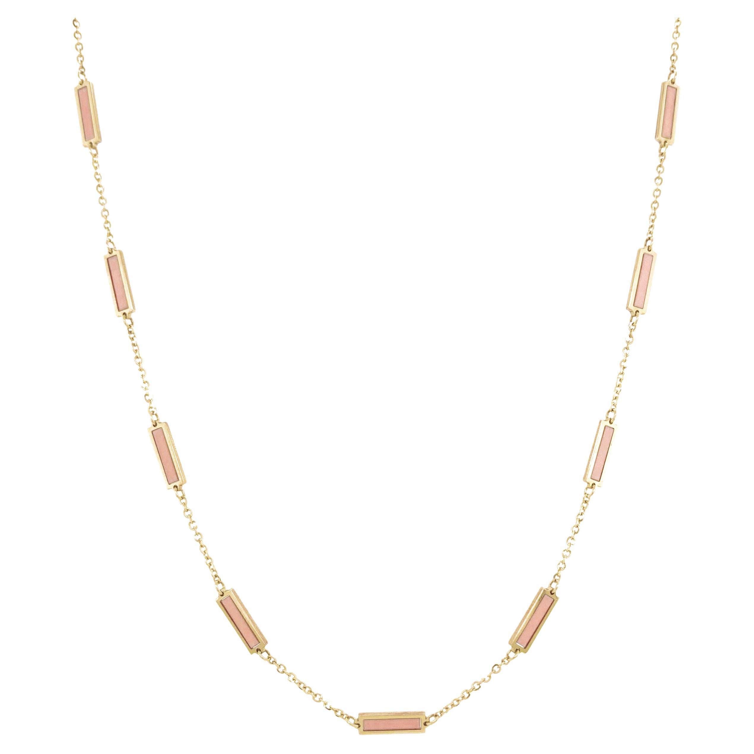 14k Yellow Gold & Light Pink Inlay Station Bar Necklace, Made in Italy For Sale