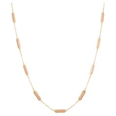 14k Yellow Gold & Light Pink Inlay Station Bar Necklace, Made in Italy