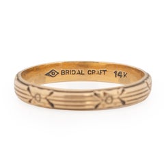 14K Yellow Gold Line/Floral Design Vintage Stackable Wedding Band, #1900722233