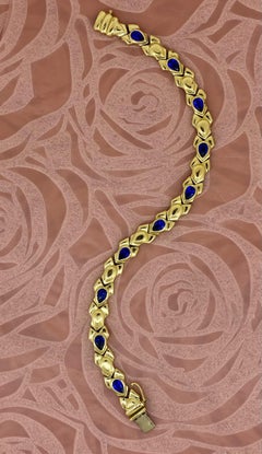 14K Yellow Gold Link & Pear Cut Synthetic Sapphire Retro Bracelet, 19.5cm - 7.7"