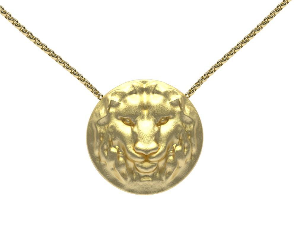 14k Yellow Gold Lion Pendant,  Matte finish Lion ,21 mm diameter on a 18 inch chain 1.5mm wide. 

The cable chain is for women, too fine for men. I would recommend a 1.9 mm cable and 22-24 inches special order for men.  
Same lion but now for a