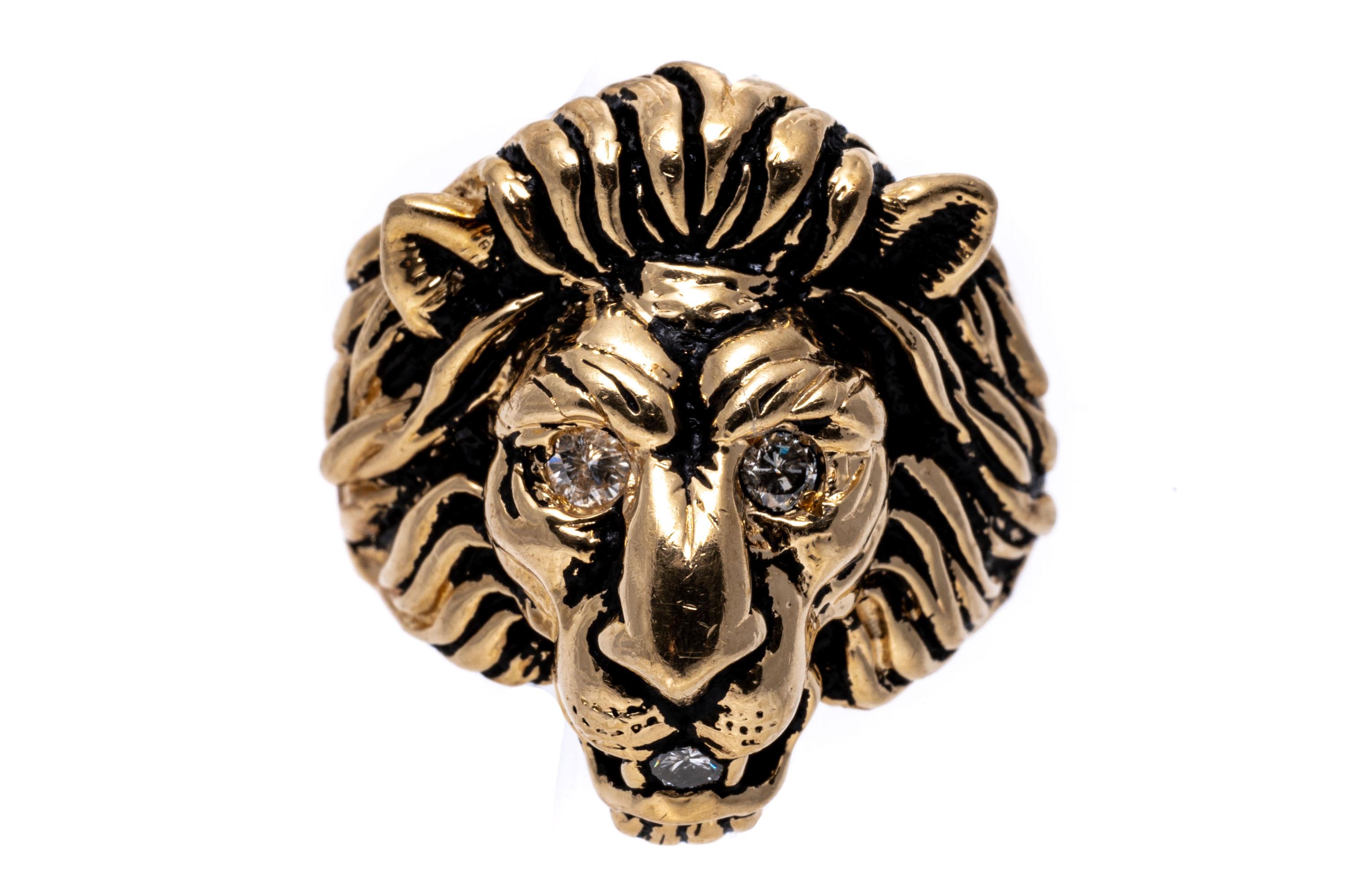 Retro 14K Yellow Gold Lion's Head Ring with Diamond Accents For Sale