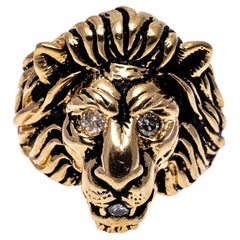 Bague tête de lion en or jaune 14 carats avec accents de diamants