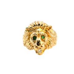 14k Yellow Gold Lions Head Ring with Emerald Eyes and One Round Diamond in Mouth