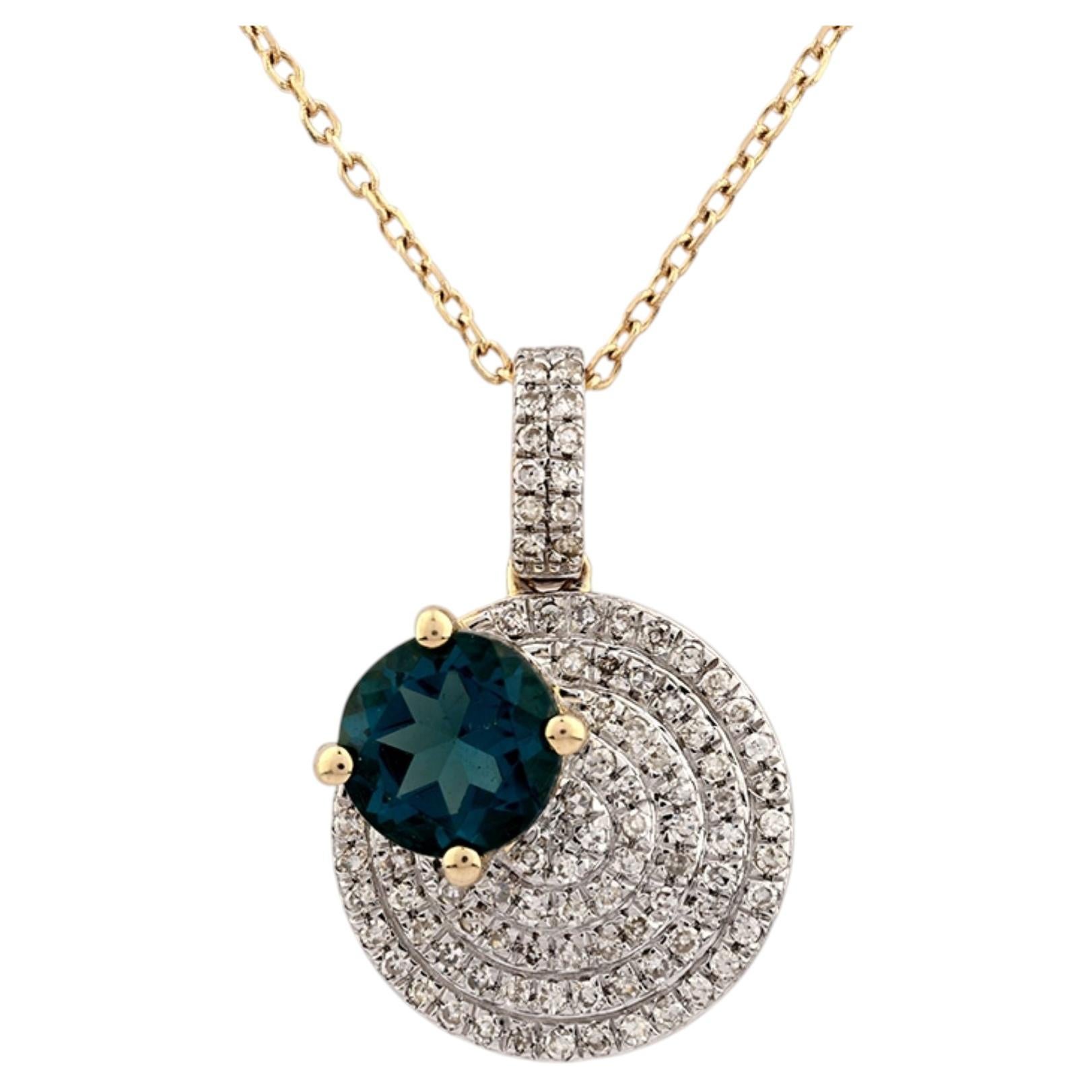 14K Yellow Gold London Blue Topaz and Diamond Eclipse Pendant Necklace
