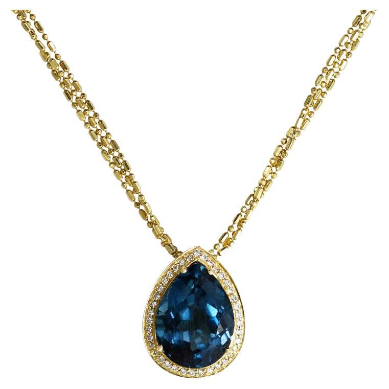 14k Yellow Gold London Blue Topaz Pendant Triple Beaded Chain, 10ct