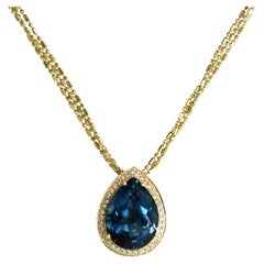 14k Yellow Gold London Blue Topaz Pendant Triple Beaded Chain, 10ct