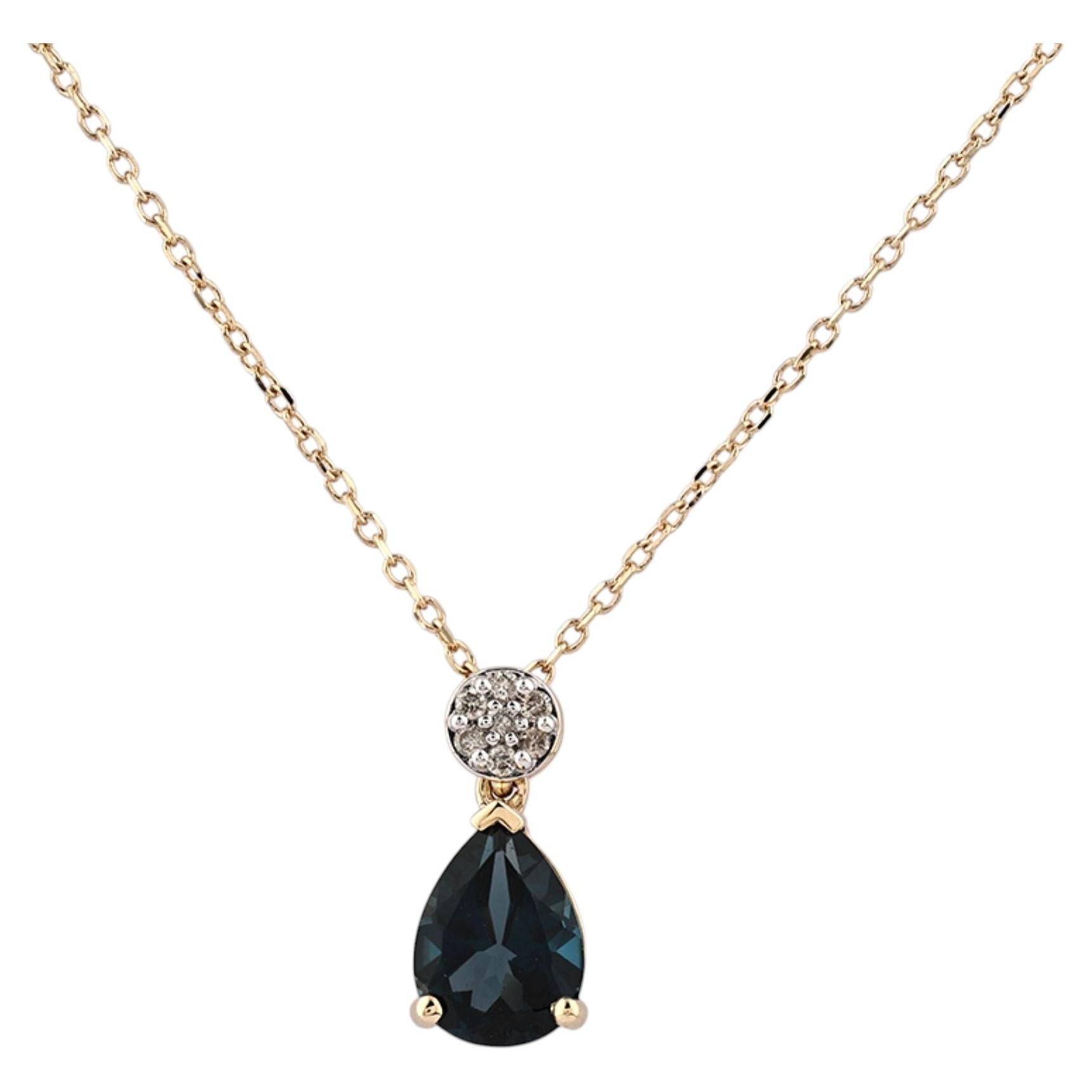 14K Gelbgold Londoner Blautopas Teardrop & Diamantscheiben-Anhänger