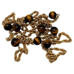 14K Yellow Gold Long Rope Chain Necklace with 7.2mm Tiger Eye Beads, 52", 15.7g