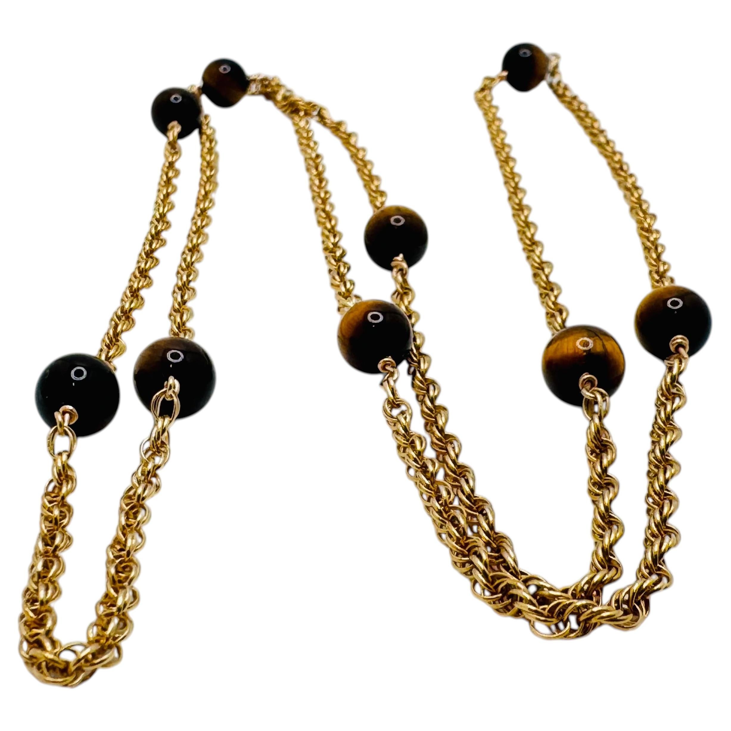 Collar de cadena larga de cuerda de oro amarillo de 14 quilates con cuentas de ojo de tigre de 7,2 mm, 52", 15,7 g
