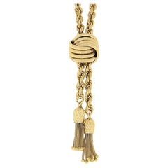 14K Yellow Gold Long Rope Chain Textured Knot Slide Dual Tassel Lariat Necklace