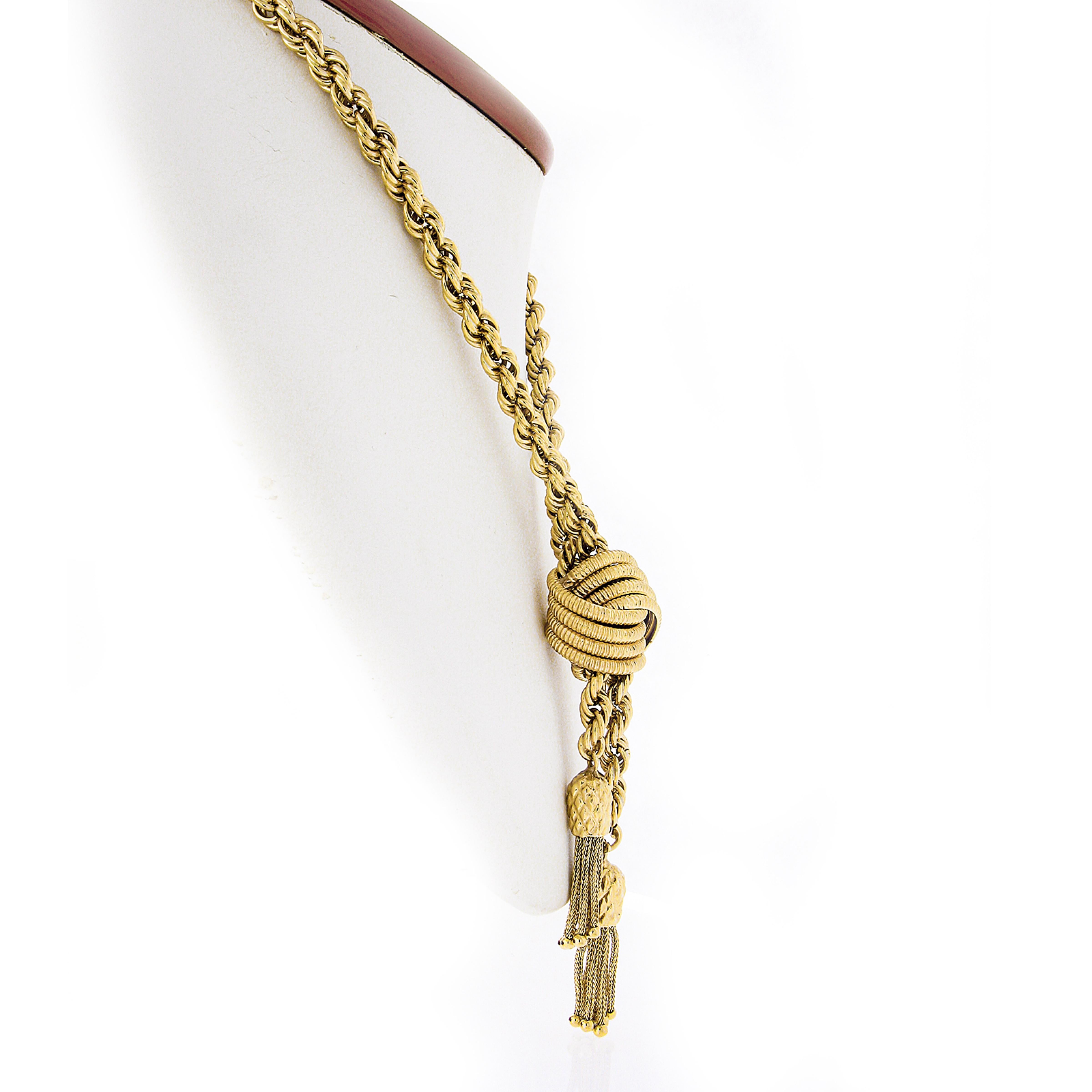 14K Gelbgold Lange Seilkette Texturierte Knoten Slide Dual Quaste Lariat Halskette im Zustand „Gut“ im Angebot in Montclair, NJ