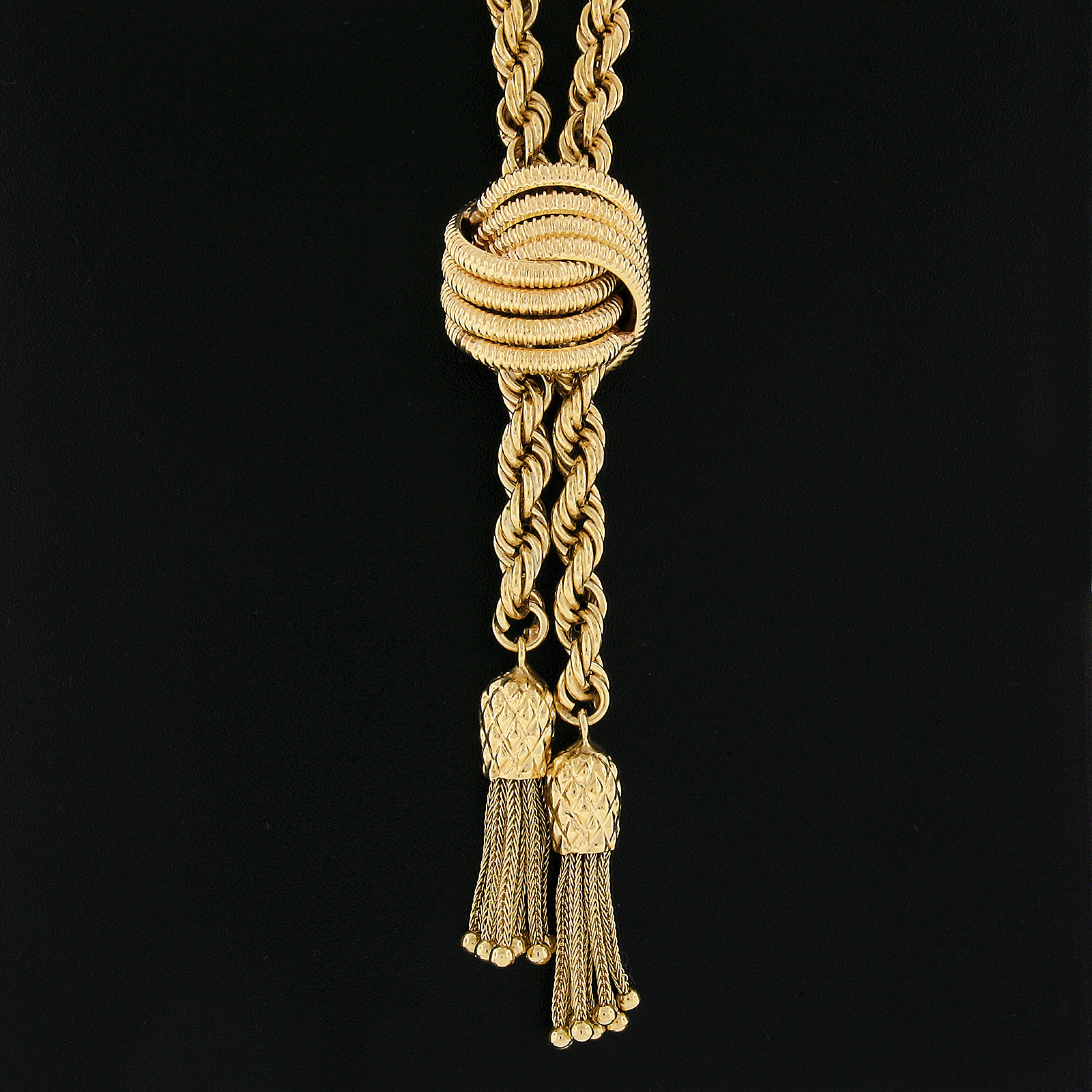 14K Yellow Gold Long Rope Chain Textured Knot Slide Dual Tassel Lariat Necklace In Good Condition For Sale In Montclair, NJ