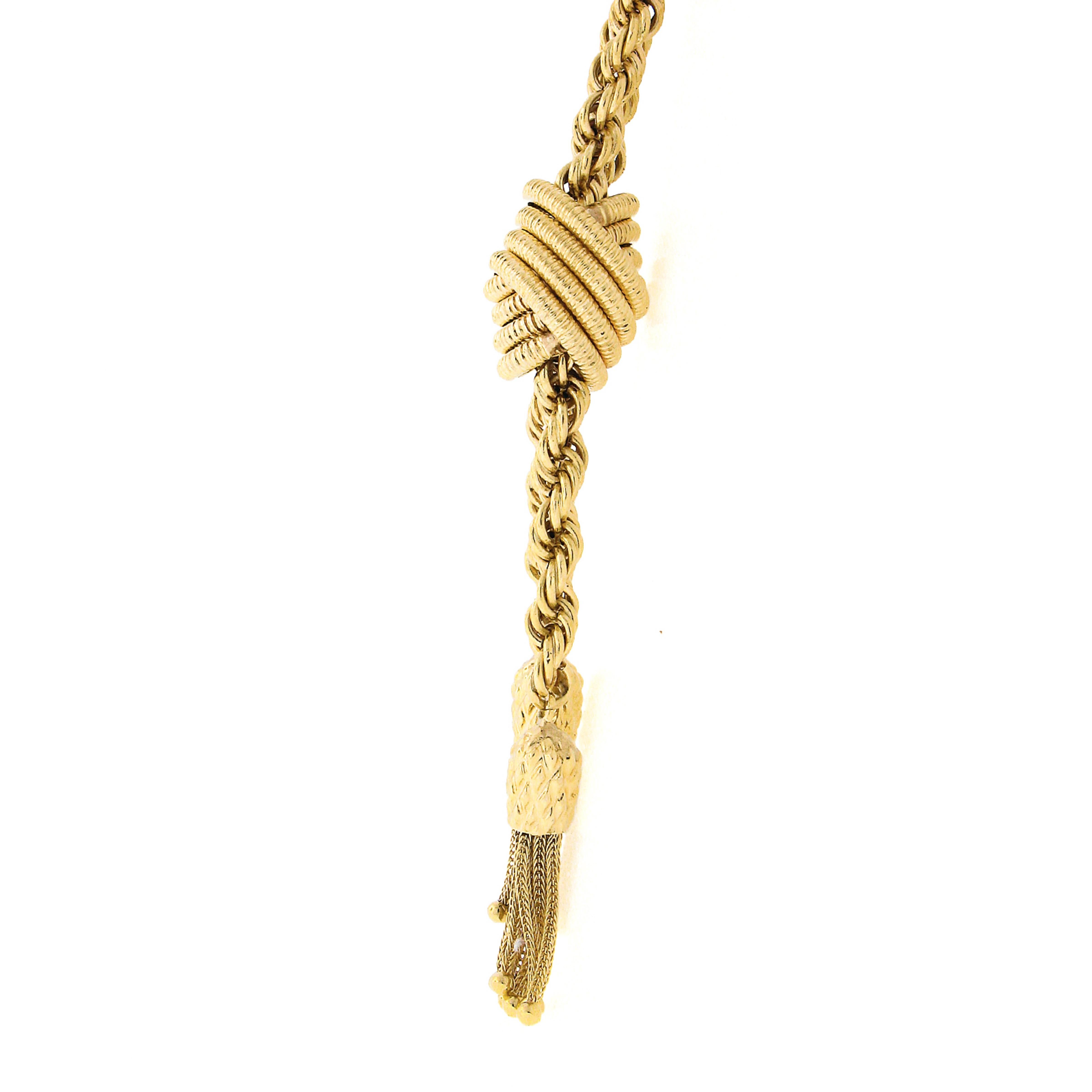 14K Gelbgold Lange Seilkette Texturierte Knoten Slide Dual Quaste Lariat Halskette im Angebot 1