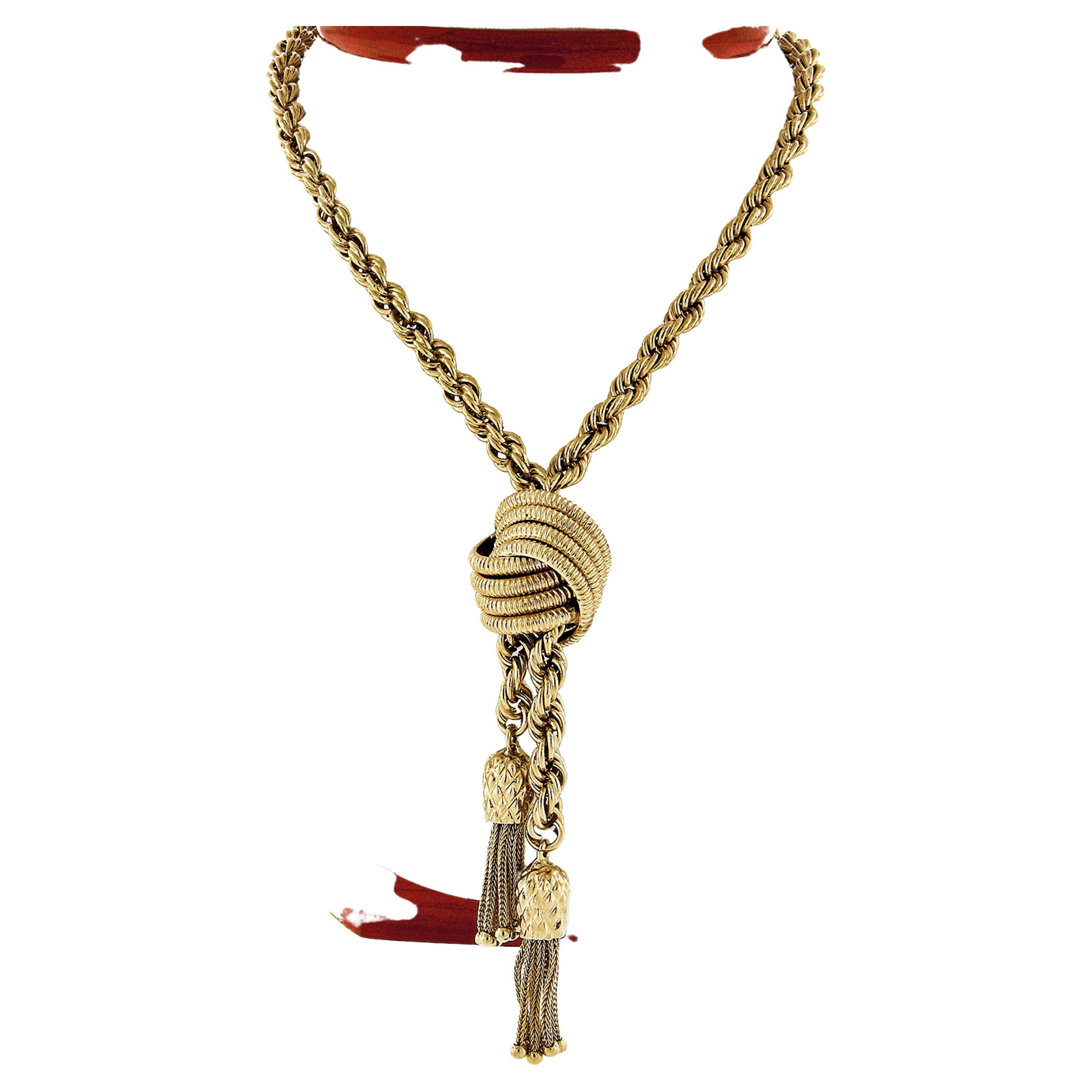 14K Gelbgold Lange Seilkette Texturierte Knoten Slide Dual Quaste Lariat Halskette im Angebot
