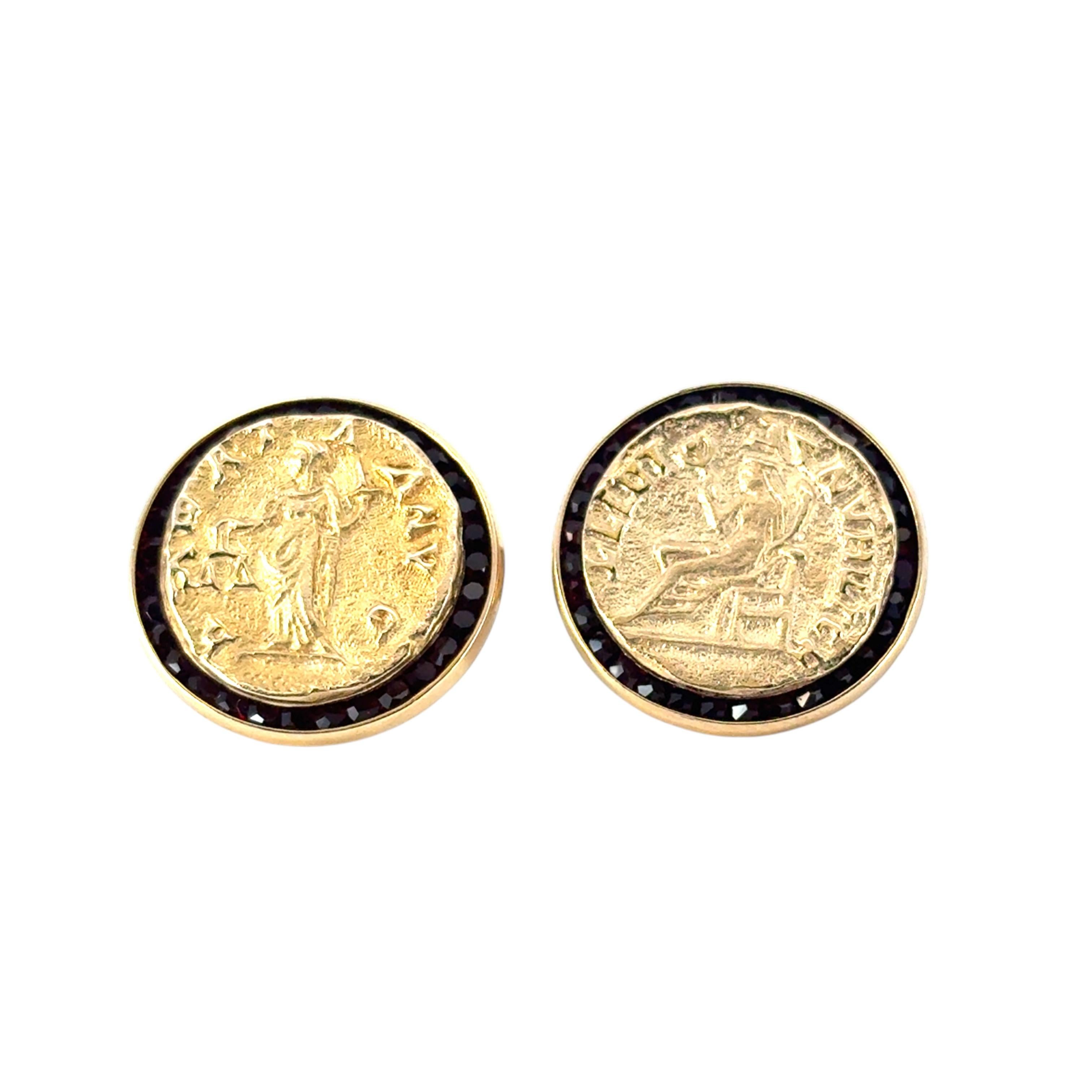 Round Cut 14k Yellow Gold Lucien Piccard Coin Black Spinel Cufflinks For Sale